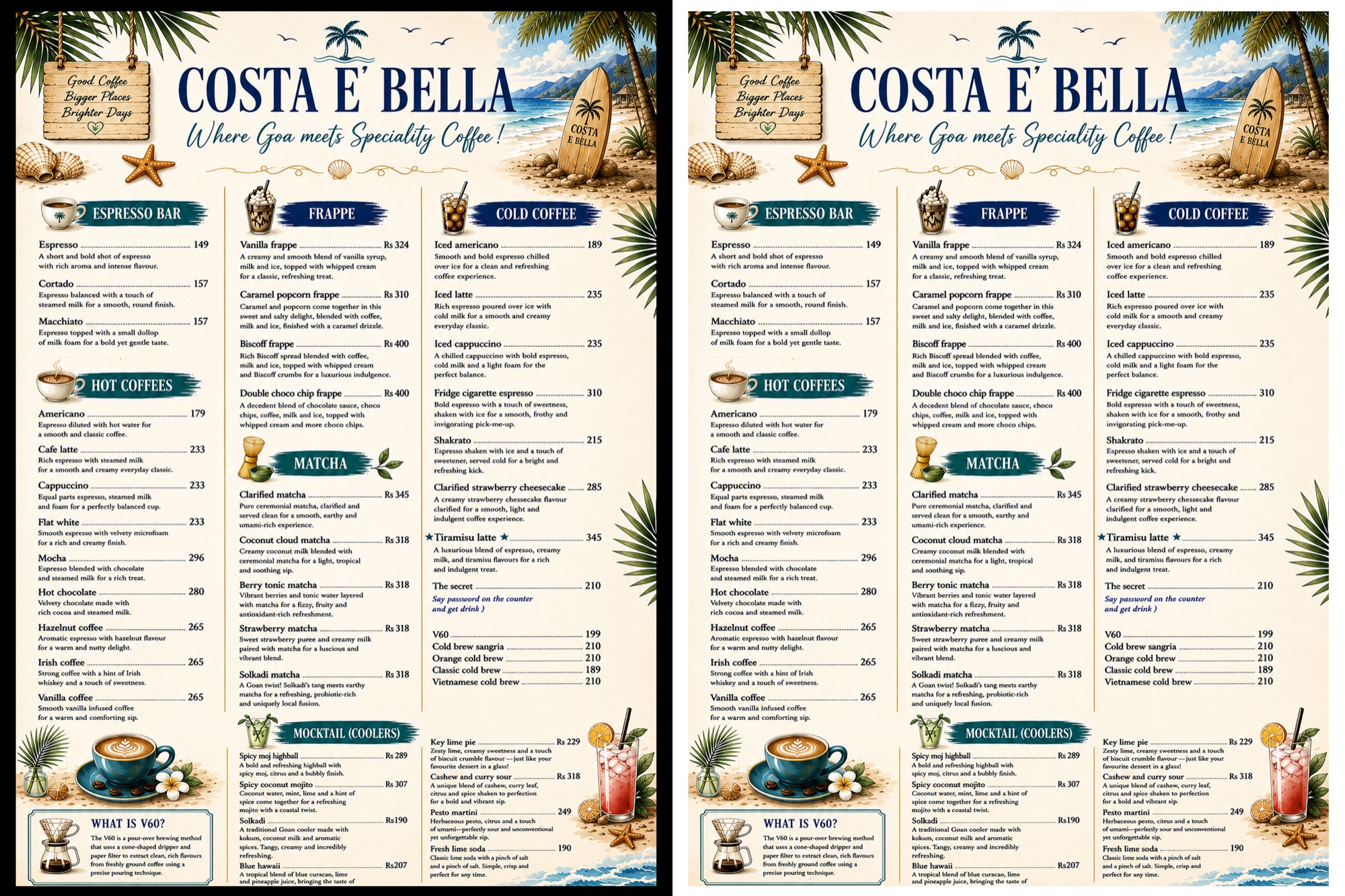 Costa e Bella coffee, matcha and mocktail menu